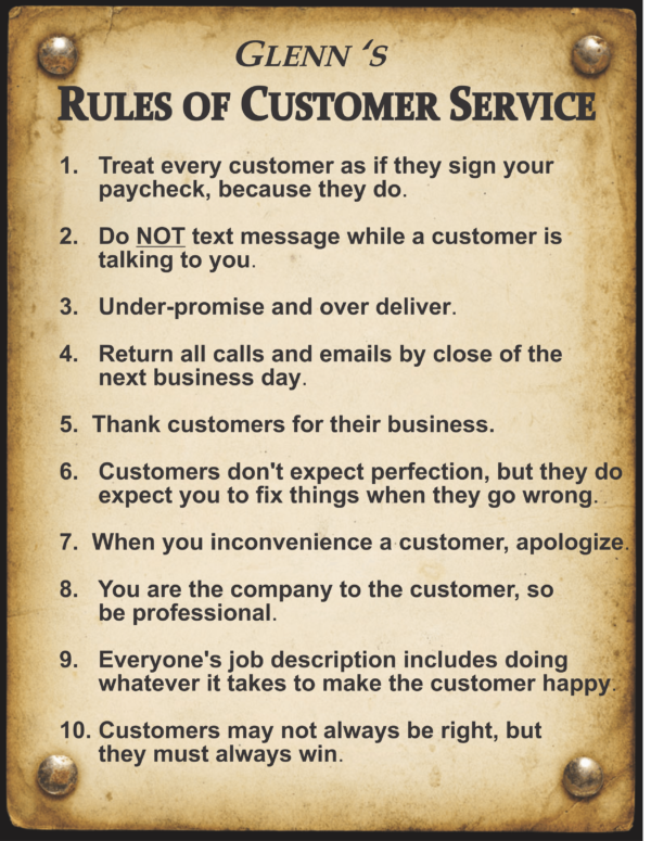 Glenn's Rules of Customer Service poster